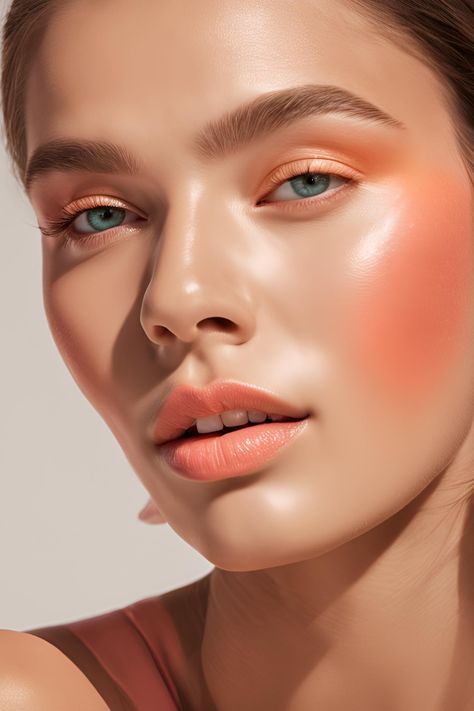 Inspiration makeup pour l'été. Glass skin. Nude lips. Cream eyeshadow. Natural eyebrows. Subtle Orange Eyeshadow, Coral Makeup Looks, Apricot Makeup, Eyeshadow Natural, Coral Makeup, Nude Lips, Cheek Tint, Runway Makeup, Live Coral