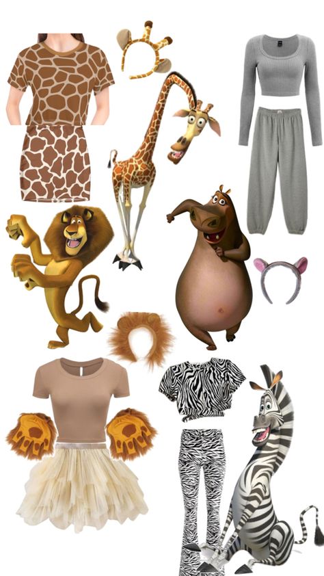 I have never seen this costume four person costume cute and funny Madagascar Halloween Costumes, Madagascar Costumes Diy, Chipettes Costume, Madagascar Costumes, Animal Costumes Women, Black Hair Halloween Costumes, Lion Outfit, Shrek Costume, Sid The Sloth