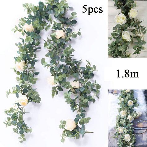 Arrives by Tue, Jan 18 Buy HOTBEST 3/5PCS 1.8M Artificial Eucalyptus Garland with Roses Greenery Garland Eucalyptus Leave for Table Wedding Backdrop Wall Decor at Walmart.com Eucalyptus And Baby Breath, Money Leaf, Wedding Backdrop Wall, Table Centerpieces Party, Arch Wall Decor, Rattan Wedding, Greenery Home Decor, Fairytale Wedding Decorations, Wedding Backdrop Arch