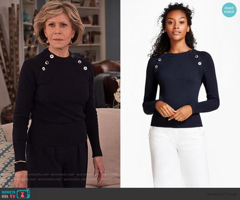 Grace And Frankie, Wardrobe Images, Contemporary Clothes, Embellished Sweater, Fall Fashions, Embellished Sweaters, Jane Fonda, Mom Style, Outfit Details