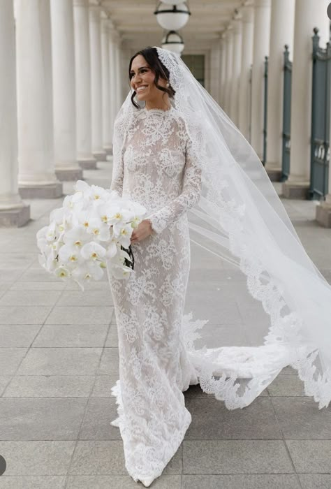 Classic High Neck Wedding Dress, Italian Vintage Wedding Dress, Famous Wedding Dresses Celebrities, Short Sleeve Modest Wedding Dress, Catholic Wedding Dress, Catholic Wedding Dresses, Wedding Gown With Veil, Conservative Wedding Dress, Wedding Dress Sheath