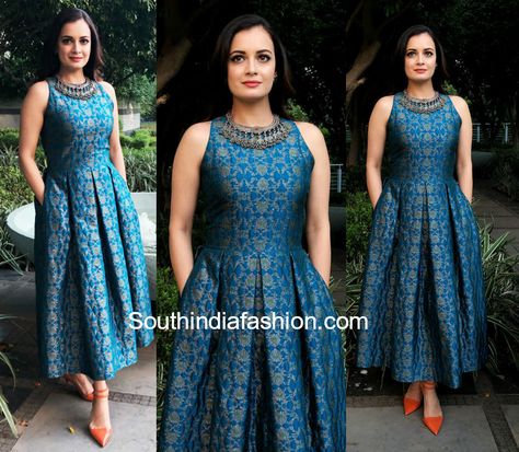 Dia Mirza in Payal Khandwala Silk Frocks For Women, Recycle Saree, Diya Mirza, Haryanvi Quotes, Payal Khandwala, Pleats Dress, Dia Mirza, Simple Frocks, Frock Fashion