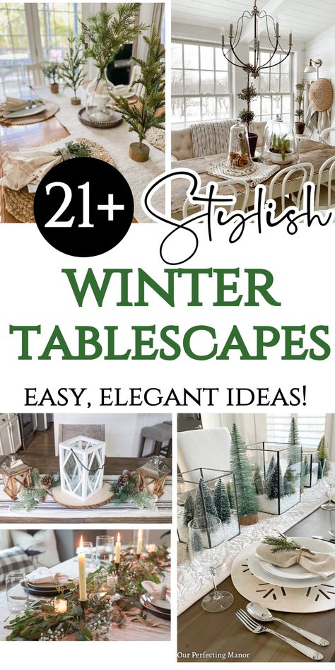 Are you looking for January decor after Christmas? If you're wondering how to decorate after Christmas, why not start with a winter tablescape? You'll find easy winter decorating for your table including winter table centerpieces, place settings, and full tablescapes! Check out these classy and easy winter decor ideas for your dining room table to stay cozy all season! Table Winter Centerpieces For Home, Snowman Dining Table Decor, Snow Themed Tablescape, Easy Winter Table Decorations, Dinning Room Table Decor For Winter, White And Silver Tablescapes, Winter Forest Tablescape, Blue Winter Centerpieces, After Christmas Dining Table Decor