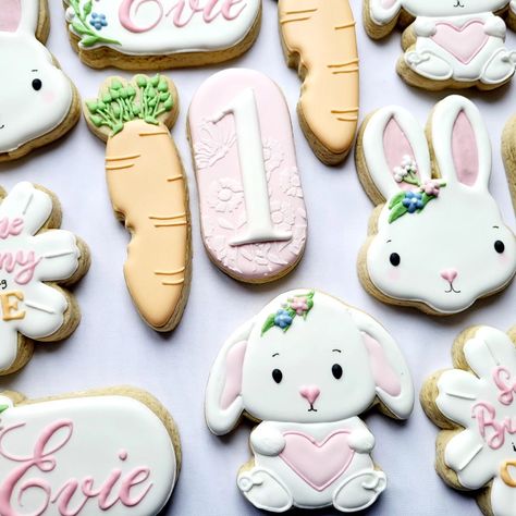 Some bunny special is turning one! #customcookiesireland #somebunny #somebunnyisone #bunnycookies #decoratedbiscuits #decoratedcookies #cookiesdublin #cookiesireland #irishmom #irishmum #dublincookies #dublinbaker #biscuits #somebunnyisonecookies #somebunnyisturningone #firstbirthday #1stbirthdaycookies #birthdaycookiesdublin Some Bunny Is Turning Two, Easter First Birthday Girl, Bunny 1st Birthday Party Girl, First Birthday Bunny Theme, Somebunny Is One Birthday, Bunny First Birthday Girl, Somebunny Is Turning One, Somebunny Is One, Some Bunny Is One Birthday