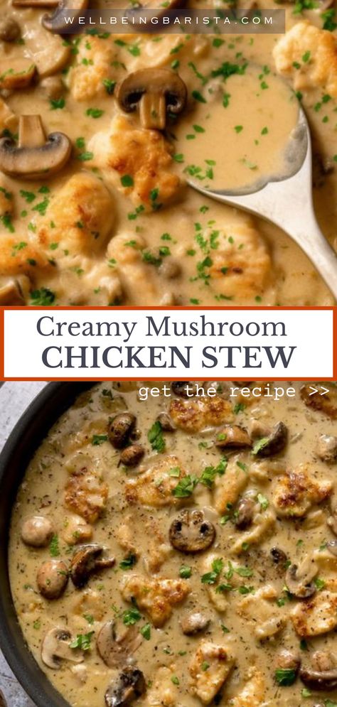 This is an easy creamy chicken stew for a hearty and comforting dinner. This chicken stew has a rich sauce made with white wine, bacon, mushrooms, carrots and onions, cooked together in a rich tomato-based sauce. The stew is seasoned using herbs giving it that warm aromatic touch. #chickenstew #easychickendinner #chili #casserole Chicken And White Bean Stew, Coconut Chicken Stew, Chicken Peppers And Mushroom Recipe, Chicken Barley Stew, Chicken Mushroom Stew, Cozy Chicken Recipes, Creamy Chicken With Mushrooms, Casserole Chicken Recipes, Chicken And Mushroom Recipes