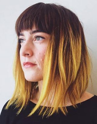 Bright-Yellow-Ombre-With-Bangs White Ombre Hair, Brown Ombre Hair Color, Best Ombre Hair, Yellow Hair Color, Blond Ombre, Short Ombre Hair, Brown Ombre Hair, Ombre Hair Blonde, Bright Hair Colors