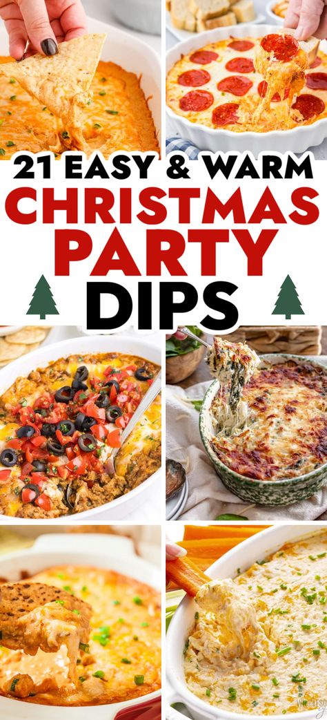 Warm Dip Recipes – Whether you prefer a classic spinach artichoke dip or a cheesy, barbecue chicken dip, we’ve got you covered! Kick off any party with these crazy-good warm dip recipes that are sure to be a hit! Christmas party dip, Christmas dip recipes, hot dips for Christmas party, Christmas party food, Christmas finger foods. Christmas Appetizers Spinach Dip, Finger Food Christmas Party Appetizers, Easy Work Christmas Party Food, Christmas Potluck Dips, Holiday Savory Dips, Christmas Party Food Dips, Christmas Chip And Dip Ideas, Christmas Eve Snacks Appetizers Easy, Best Christmas Appetizers Dips