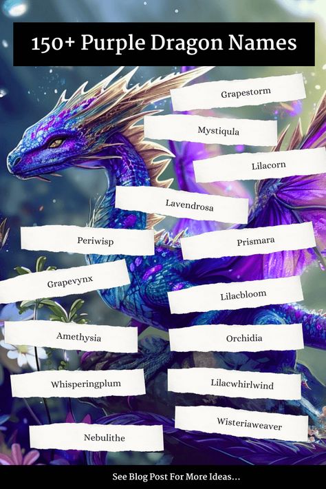 Dragon Names Ideas, Dragon Names Generator, Dragon Display, Kawaii Names, Poem Inspo, Purple Dragons, Dragon Kingdom, Kingdom Names, Purple Names