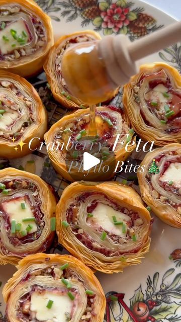 Sherly Sarkizzadeh, MPH | Healthy Recipes on Instagram: "Follow @thehealthyishfood for more easy holiday recipes🎄if you’re looking for easy yet crowd pleaser appetizer, then try these phyllo bites! 

Cranberry Feta Phyllo Bites
- phyllo dough
- feta cheese
- cranberry sauce
- pecans
- sage
- chives
- melted butter @nancysyogurt 

1. Add melted butter to every 2-3 sheets of phyllo dough. Work fast so phyllo doesn’t dry. You’ll need to repeat this for about 3-4 times or until you have used the 1 package of phyllo or at least 18-20 sheets.
2. In a small sauce pan, add 2 tbsp butter, sage and pistachio. Stir frequently so they don’t burn. You want them to be slightly toasted, but don’t burn the sage. 
3. Spread cranberry sauce. Top with pecan and sage mixture. Add chives and feta cheese. Roll Christmas Appetizers Phyllo Dough, Athens Phyllo Dough Recipes, Appetizer With Phyllo Dough, Filo Dough Recipes Appetizers, Phyllo Pastry Recipes Savoury, Phylo Pastry Appetizers, Pistachio Appetizer, Phyllo Dough Recipes Appetizers, Feta Phyllo Rolls