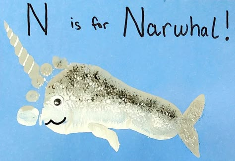 Narwhal Footprint Art, N Is For Craft Handprint, N Is For Handprint Craft, Narwhal Craft For Toddlers, N Is For Narwhal Craft, Unicorn Footprint Art, Narwhal Handprint Craft, Letter A Footprint Craft, Narwal Crafts Preschool