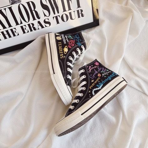 Taylor Swift Converse, Embroidered Taylor Swift, Taylor Swift Shoes, Custom Converse Shoes, Custom Converse, Embroidery Shoes, Shoes Color, Eras Tour, Converse Shoes