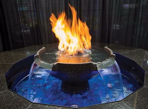 Fire Pit With Water Feature, Fire On Water, Fire Pit Insert, Diy Water Fountain, Diy Fountain, Concrete Bowl, Fire And Water, Fire Pit Cover, Blue Led Lights