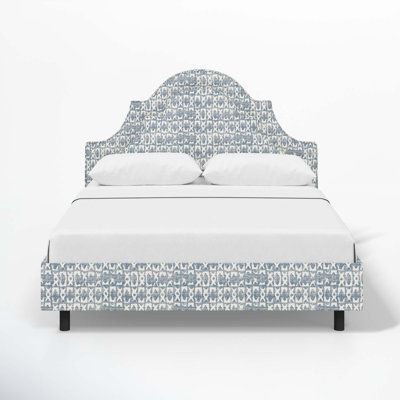 Choose this upholstered bed as a dramatic focal point for your bedroom. We love the distinctively arching headboard that brings a scalloped silhouette and a classic look to your sleeping space. Carefully wrapped in a cotton fabric, it comes in a colorful pattern of your choice to fit any traditional aesthetic. This bed is handcrafted from solid and engineered wood, with legs and slats that help support your mattress (sold separately). Bonus: No box spring needed. Birch Lane™ Size: Full, Upholste Blue Queen Bed Frame, Scalloped Headboard, Headboard Shapes, Unique Headboards, Traditional Aesthetic, White Headboard, Fabric Headboard, Colour Texture, Queen Bed Frame