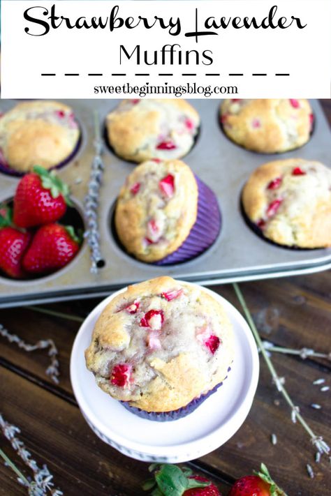 Strawberry Lavender Muffins are perfectly moist, full of fresh strawberries, with a refreshing yet subtle taste of lavender that will start your mornings out with a smile! #ad #strawberry #lavender #muffins #SweetBeginningsBlog #SpringSweetsWeek Lavender Dessert Recipes, Lavender Muffins, Lavender Treats, Muffin Board, Homeopathic Recipes, Lavender Dessert, Muffin Ideas, Strawberry Lavender, Spring Breakfast