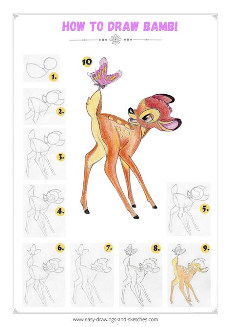 Learn how to draw Disney's Bambi in few simple steps Draw Disney Characters, Simple Drawing Tutorial, Disney Character Sketches, Bambi Characters, Disney Drawing Tutorial, Disney Character Drawings, Cartoon Character Tattoos, Disney Art Drawings, Disney Sketches