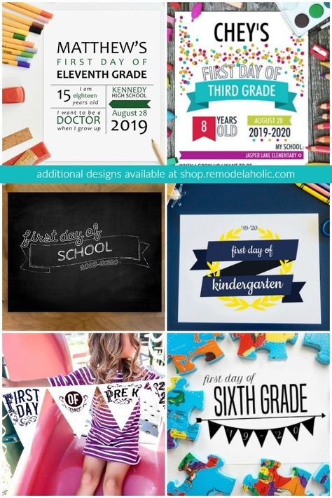 It's getting to be about time to start thinking about back to school! WE love these fun printable first day of school signs for photos. See all of these designs and more! Additional First And Last Day Of School Photo Signs, 7 Styles #remodelaholic School Signs Design, Time For School, Last Day Of School Sign, Bunting Design, Chalkboard Banner, Hebrew School, Colorful Confetti, Photo Sign, School Chalkboard