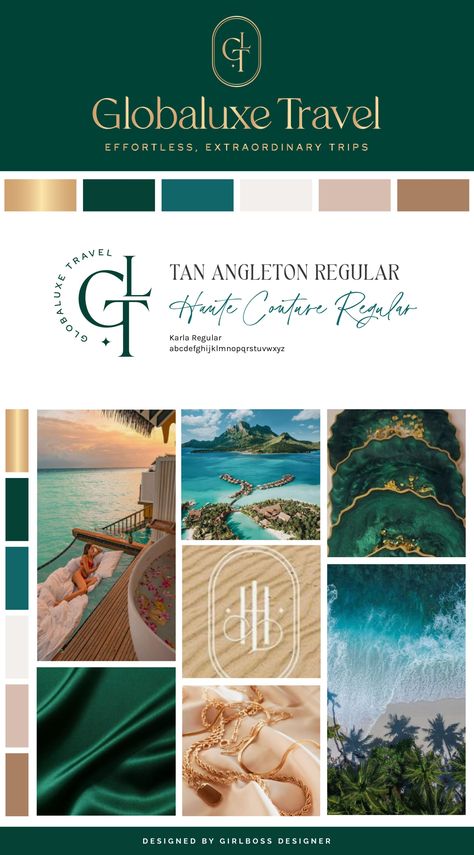 Globaluxe Travel is a brand that exudes professionalism, luxury, and confidence. The inspiration came from a combination of shades of green, gold, and sophisticated typography.To achieve this goal, we have chosen an elegant color palette consisting of emerald green, metallic gold, teal, warm neutrals, and blush. The use of a unique serif font for the main logo creates a sophisticated, high-end vibe that is complemented by the simple and clean sans-serif font below. Check out all the details here Color Palette Luxury Colour Schemes, Teal And Neutral Color Palette, High End Brand Color Palette, Emerald Gold Color Palette, Luxury Travel Color Palette, Teal And Gold Branding, Emerald Green And Blue Color Palette, Emerald Color Combinations, Green Color Branding