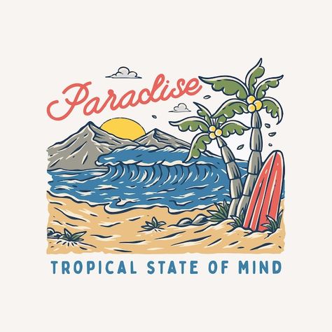 Paradise beach illustration Premium Vect... | Premium Vector #Freepik #vector #background #vintage #travel #water Library Posters, Book Cover Template, Beach Illustration, Illustration T Shirt, Paradise Beach, Beach Design, Beach T Shirts, Business Stationery, Beach Paradise