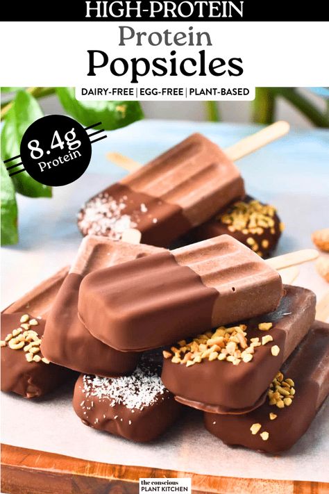 Protein Popsicles (12g Protein) - The Conscious Plant Kitchen Protein Powder Popsicles, Low Calorie Popsicles, Protein Pops, Bariatric Protein, Protein Popsicles, Conscious Plant Kitchen, Breakfast Popsicles, Cork House, Vegan Popsicles