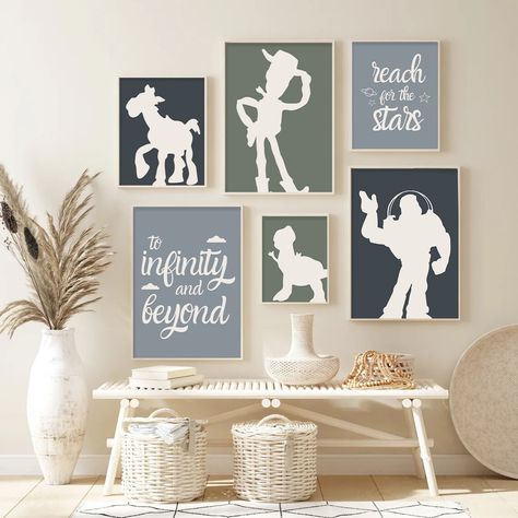 Subtle Toy Story Room, Toy Story Wall Decor, Pixar Nursery Ideas, Neutral Toy Story Room, Toy Story Themed Nursery, Toy Story Room Ideas For Boys, Toy Story Nursery Ideas, Foster Bedroom, Pixar Nursery