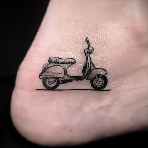 Scooter Tattoo Design, Vespa Scooter Tattoo, Vespa Tattoo Minimal, Vespa Tattoo Design, Moped Tattoo, Small Motorcycle Tattoo, Scooter Tattoo, Campervan Tattoo, Vespa Tattoo