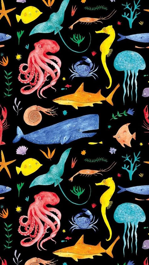 Sea Animal Wallpaper, Sea Animals Illustration, Sea Creatures Illustration, Sea Life Illustration, Ocean Pattern, Sea Illustration, Animals Pattern, Summer 19, Spanish Fashion