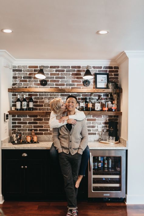 Red Brick Kitchen, Kitchen With Brick Wall, Kitchen Brick Wall, Brick Wall Kitchen, Accent Wall In Kitchen, Brick Accent Wall, Acnh Basement, Brick Interior Wall, Basement Inspiration