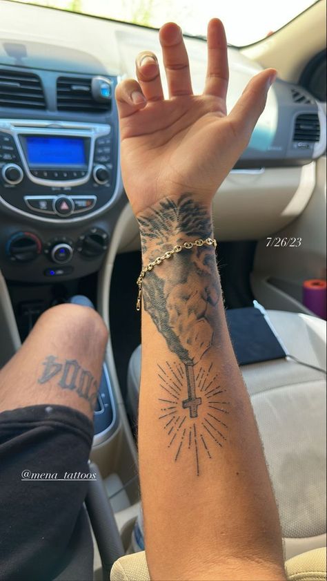 1986 Roman Numeral Tattoo, Men’s Small Tattoos Wrist, Male Christian Tattoos, Tattoo Ideas For Men God, Tattoo Ideas For Men Christian, Christian Tattoos For Men Arm, Black Culture Tattoos Men, Lower Arm Tattoo Men, Forearm Tattoo Stencil