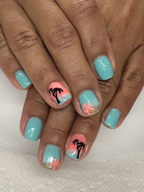 Summer Vacation Aqua & Coral Beach, Palm Tree & Star Fish Gel Nails Pink And Teal Beach Nails, Coral Nails With Palm Tree Design, Manicure For Hawaii, Beach Themed Nails Easy, Nail Designs Vacation Tropical, Beach Nails With Palm Trees, Coral And Aqua Nails, Beach Dip Nail Ideas, Beach Nails And Toes Matching