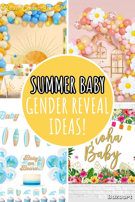 summergenderrevealideas June Gender Reveal Ideas, Gender Reveal Ideas For Party Theme Summer, Summer Gender Reveal Themes, Spring Gender Reveal Ideas, Summer Gender Reveal Ideas, Beach Gender Reveal, Summer Gender Reveal, Unique Gender Reveal Ideas, Creative Party Themes