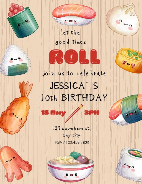 Sushi Theme Birthday Party Invitation - DIGITAL FILE ONLY (5"x7" invitation) Upon purchasing, please include the following information at checkout or send me a separate Etsy message: -Name  -Date -Time -Location -Address -RSVP By Date -RSVP To information TURNAROUND TIME: You will have your first proof within 24 hours. I will always work my hardest to get you your first proof ASAP but please allow up to 24 hours for first proof and an additional 24 hours for each proof after that. Once approved, your final file will be sent to you within 24 hours. Sushi Themed Birthday Party, Sushi Birthday Party Ideas, Sushi Party Ideas, Sushi Themed Party, Japanese Birthday Party Ideas, Sushi Birthday Party, Japanese Theme Parties, Sushi Birthday, Sushi For Kids