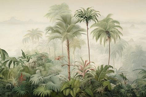 Tropical Landscape Wallpaper, Wallpaper Backgrounds Palm Trees, Salon Wallpaper, Jungle Landscape, Wallpaper Jungle, Spring Flowers Wallpaper, Landscape Mural, Interior Design Sketchbook, Green Leaf Wallpaper