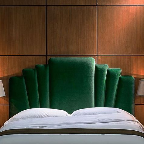 Art Deco Bed Headboard, Art Deco Upholstered Headboard, Emerald Headboard, Gatsby Bed, Green Velvet Bed Headboards, Velvet Art Deco Headboard, Art Deco Bed Frame, Art Deco Bedding, Art Deco Headboard