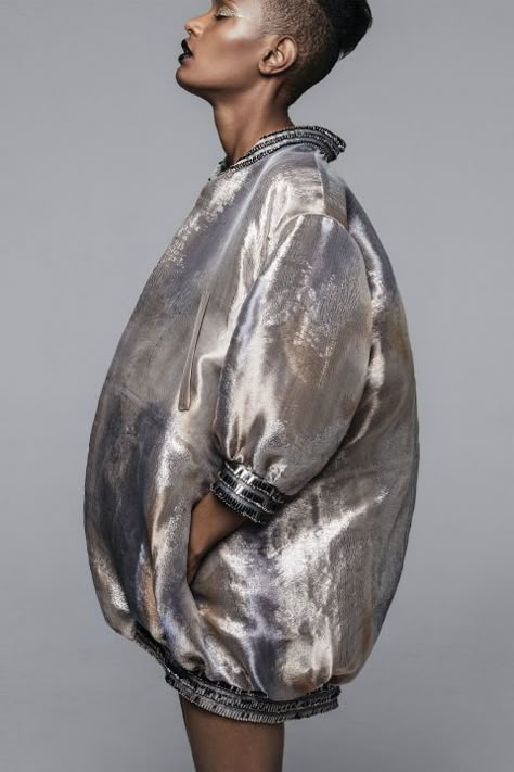 Giorgio Armani Privé jacket, price upon request, Bergdorf Goodman, 888-774-2424. Futurism Design, Silver Outfits, Angela Simmons, Carine Roitfeld, Natural Cleanser, Couture Looks, Metal Clothing, Harper’s Bazaar, Milan Fashion Weeks