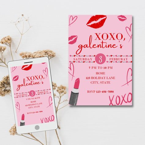 XOXO, Galentine's - to celebrate the amazing women in our lives! Chic and trendy design that perfectly captures the essence of your Galentine's Day extravaganza. High-quality, digital download for instant access - no need to wait, start planning your celebration right away! Customizable details, ensuring your event information is flawlessly incorporated. HOW DOES IT WORK? Once you make a purchase from RendezvousWithRia Etsy shop and payment is processed you will receive a link to edit the templa Galentines Invitation, Valentinstag Party, Digital Phone, Valentine's Day Party, Change Background, Valentines Day Party, Day Party, Invitation Paper, The Amazing