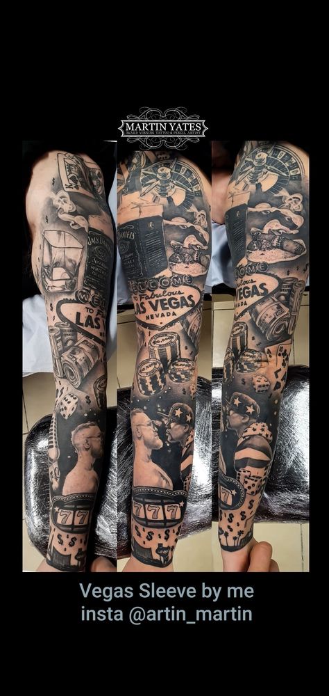 Las Vegas Sleeve Tattoo, Vegas Sleeve Tattoo, Sin City Tattoo, Small Tattoo Placement, Vegas Tattoo, Vegas Theme, City Tattoo, Theme Tattoo, Leg Sleeve