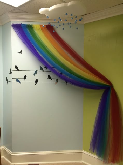 Finished tulle rainbow, birds, and foam cloud complete with raindrop crystals based on the creative gathering of the pins in my Primary Sabbath School board.  Classroom decor is almost finished. Sunday School Rooms, Rainbow Bedroom, Creative Kids Rooms, نباتات منزلية, Rainbow Room, Reading Nooks, Rainbow Decorations, Rainbow Theme, School Room