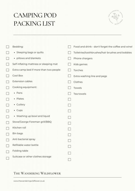 Free printable camping pod checklist from The Wandering Wildflower. Packing list | glamping packing list | what to take glamping | glamping checklist | what to pack for a camping pod | camping pod checklist Glamping Checklist, Glamping Packing List, Best Family Tent, Must Have Camping Gear, Bell Tent Camping, Essential Camping Gear, Camping Pod, R Pod, Camping Packing List