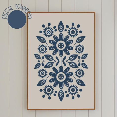 This fun scandinavian digital folk art print is great for so many spaces.   Blue is such a classic color for so many homes. Why not use it in yours?  Trust me, It will look great.   Ways to use our floral digital print: *Great in larger scale for an entryway. *Adorable in your child's bedroom  *A great gift for a baby shower *Add of pop of color and softness to your home office, bedroom or bathroom. Need this in hurry for a gift? Don't wait for shipping in order to enjoy your purchase. Instant d Scandinavian Floral, Packaging Prints, Swedish Folk Art, Nordic Blue, Swedish Art, Norwegian Design, Scandinavian Pattern, Folk Art Flowers, Abstract Botanical