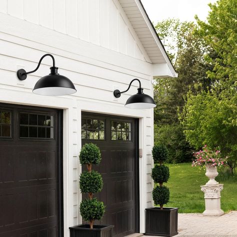 Vintage Farmhouse 1-Light Black Gooseneck Wall Sconce with Bowl Metal Shade - Bed Bath & Beyond - 39034830 Goose Neck Lighting Outdoor, Goose Neck Lights Over Garage, White House Black Garage Door, Exterior Backyard, Exterior Refresh, Black Garage Doors, Gooseneck Lighting, Barn Light Fixtures, Black Garage