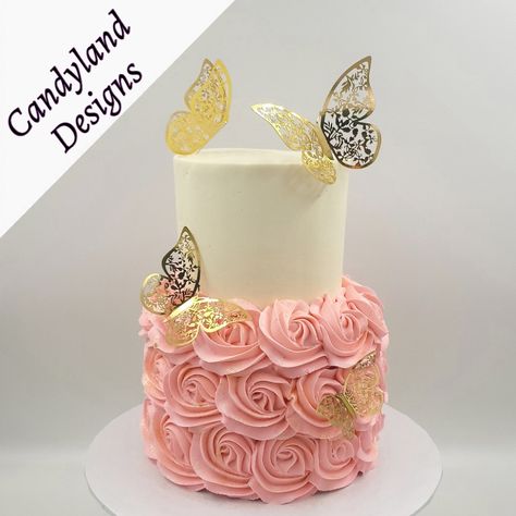 2 Tier Butterfly Cake, Cake With Rosettes, Rosettes Cake, Buttercream Rosette Cake, Cake With Butterflies, Butterfly Theme Cake, Buttercream Rosettes, Butterfly Birthday Party Decorations, 2 Tier Cake