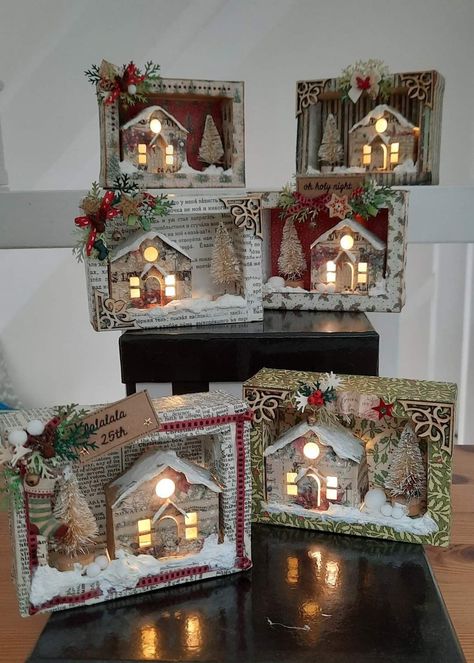 Christmas Diorama Ideas, Shadowbox Ideas Diy, Diy Christmas Mantle Decor, Diy Christmas Mantle, Christmas Dioramas, Christmas Village Display Ideas, Village Display Ideas, Christmas Diorama, Christmas Shadow Boxes