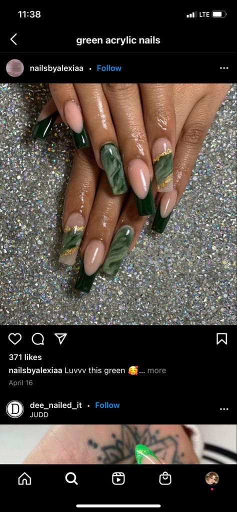 Nails Acrylic Green, Nails Coffin Short, Quinceanera Nails, Jade Nails, Emerald Nails, Gold Acrylic Nails, Green Acrylic Nails, Dark Green Nails, Nails Classy