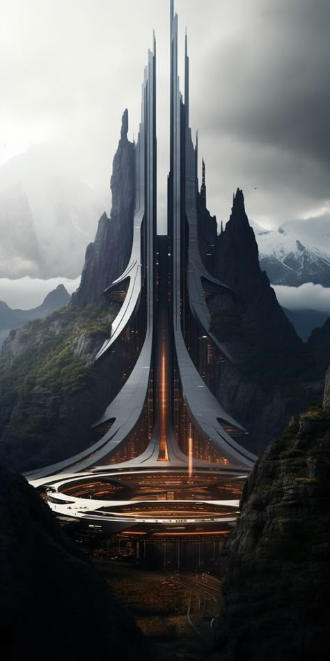 Cosmic Architecture, Megastructures Architecture, Futuristic Train Station, Sci Fi Cities, Neofuturism Architecture, Modern Buildings Architecture, Dark Futuristic Aesthetic, Star Wars Buildings, Future World