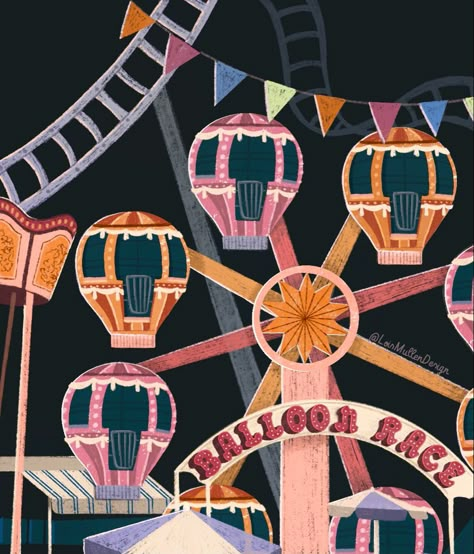 Illustration of balloon ferris wheel at a Carnival Carnival Ferris Wheel, Amusement Park Graphic Design, Funfair Illustration, Retro Carnival Aesthetic, Fair Doodles, Carnival Design Ideas, Retro Carnival, Theme Park Illustration, Carnival Graphic Design