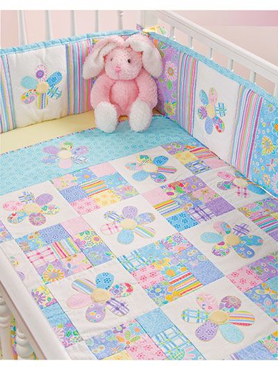 Flower Fancies Crib Set Pattern Bed Quilt Patterns, Girl Quilts Patterns, Quilting Digest, Kids Quilts, Fun Fabrics, Baby Quilt Pattern, Cot Quilt, Patchwork Baby, Baby Quilt Patterns