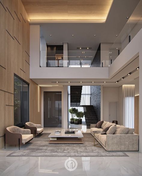 Void Living Room Design, House Design High Ceiling, High Ceiling House, Double Height Living Room, High Ceiling Living Room, Contemporary House Exterior, Modern Villa Design, Architectural Design House Plans, Modern House Facades