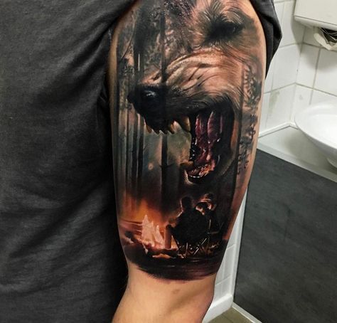 Camping scene and snarling wolf face, mens half-sleeve by Goran Micic, an artist based in Skopje, Macedonia. Wolf Tattoo Sleeve, Bear Tattoos, Forest Tattoos, Wolf Tattoo Design, Fire Tattoo, Geniale Tattoos, Badass Tattoos, Wolf Tattoos, Wolf Tattoo