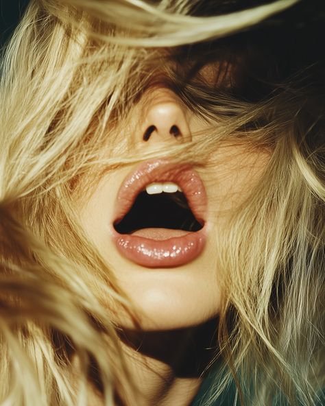 Close-up of a blonde woman's face, mouth open and eyes closed, with messy hair covering her eyes. This photo was taken by David LaChapelle for Vogue magazine in the style of social media portraiture, featuring flash photography, soft lighting, grainy film, high contrast, and natural skin tones. - Vave BG Soft Portrait Photography, Open Flash Photography, Flash Photography Portrait, Flash Portrait Photography, High Flash Photography, Grainy Photography, Close Up Portrait Photography, Flash Photos, Hair Covering