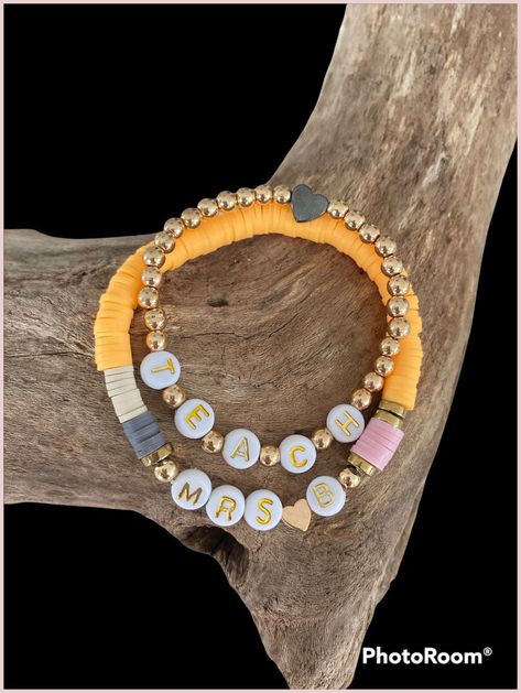 Teacher Disc Bracelet, Teacher Gifts Bracelets, Heishi Bracelet Ideas Teacher, Teach Beaded Bracelets, Teacher Bracelet Stack, Teacher Bead Bracelet, Teacher Clay Bead Bracelet Ideas, Teacher Clay Bracelet, Teacher Bracelet Gift